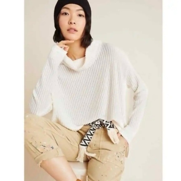 Maeve Anthropologie Vanna Cream Ribbed Cowl Neck Sweater Small Boho Cozy Chic - Picture 1 of 10
